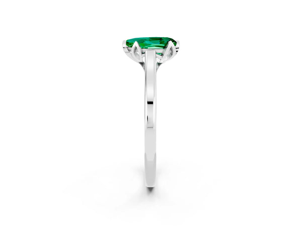 White gold Pear Cut Emerald Solitaire Ring with Flower Prong Setting and Classic Band