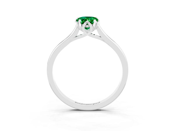 White gold Pear Cut Emerald Solitaire Ring with Flower Prong Setting and Classic Band