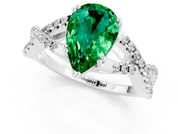Silver Pear Cut Emerald Solitaire Ring with Four-Prong Setting and Twisted Pavé Band