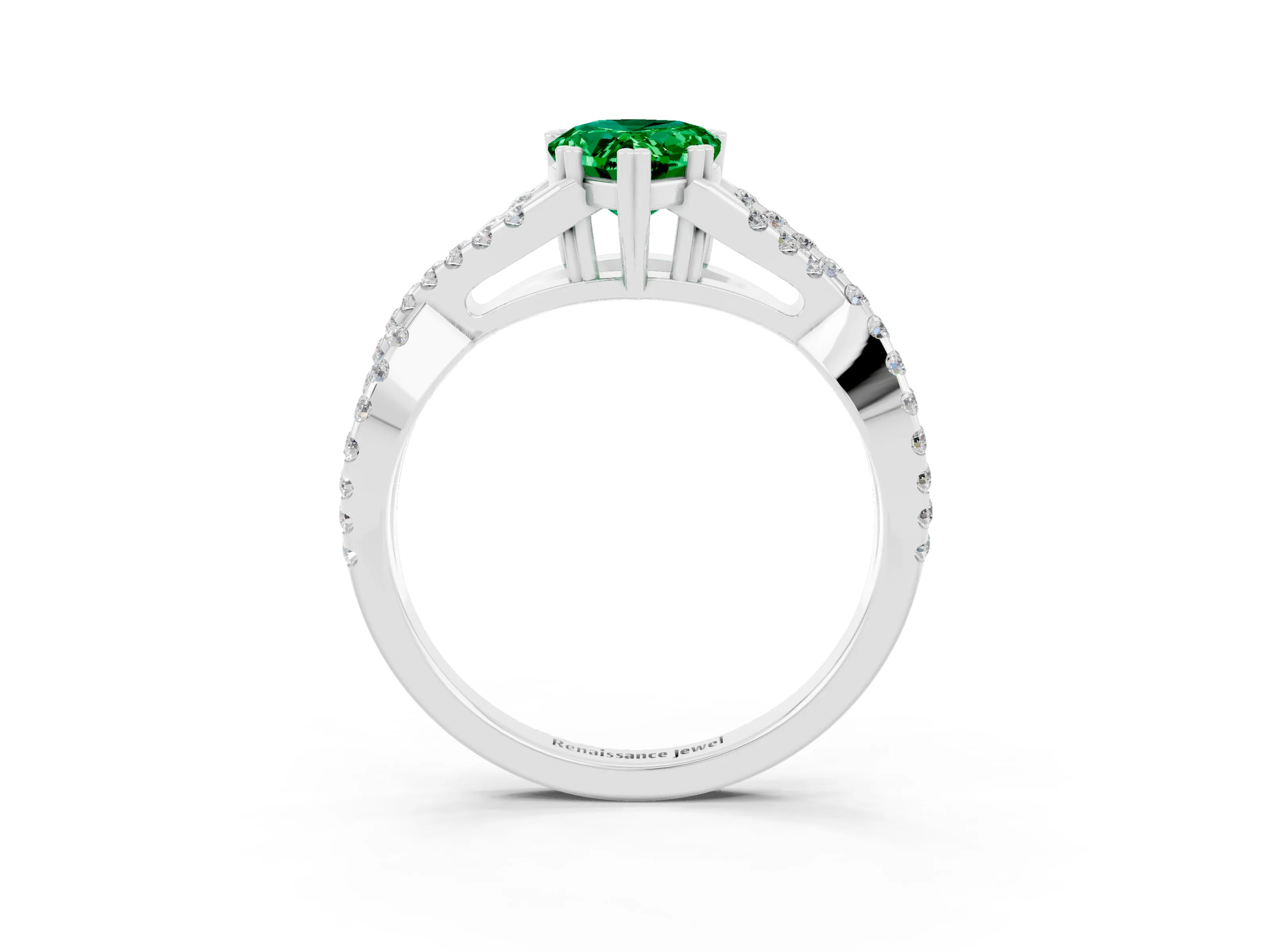 White gold Pear Cut Emerald Solitaire Ring with Four-Prong Setting and Twisted Pavé Band_3