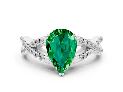 White gold Pear Cut Emerald Solitaire Ring with Four-Prong Setting and Twisted Pavé Band