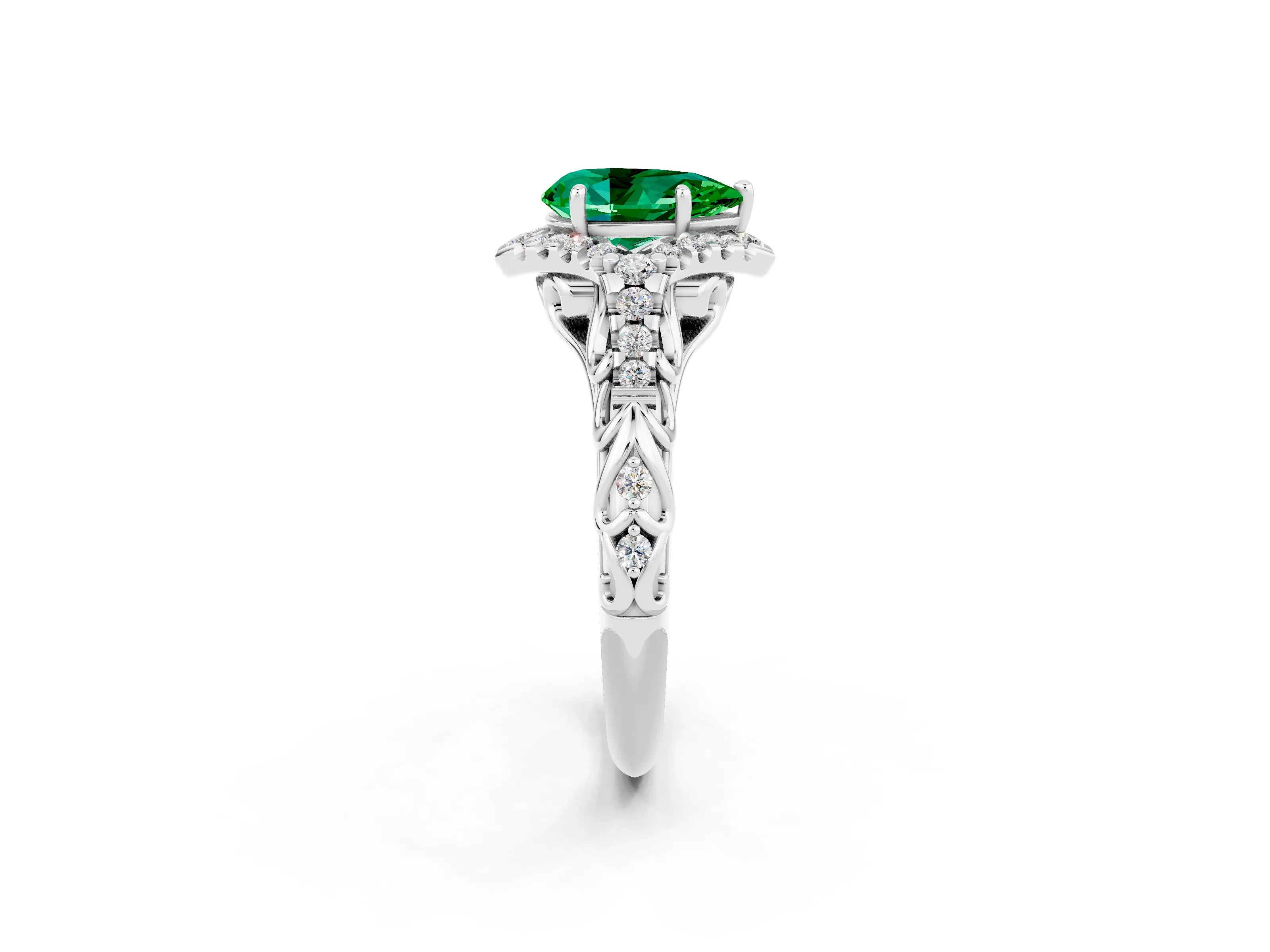 White gold Pear Cut Emerald Solitaire Ring with Hidden Halo and Pavé Band_33