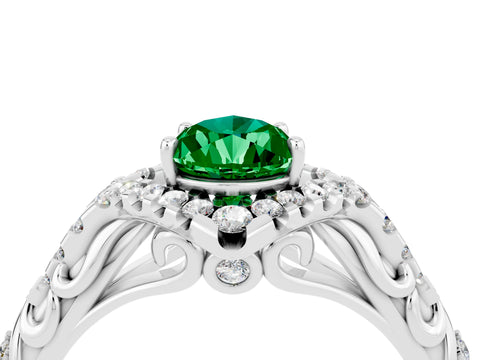 White gold Pear Cut Emerald Solitaire Ring with Hidden Halo and Pavé Band_35