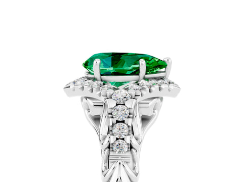 White gold Pear Cut Emerald Solitaire Ring with Hidden Halo and Pavé Band_36