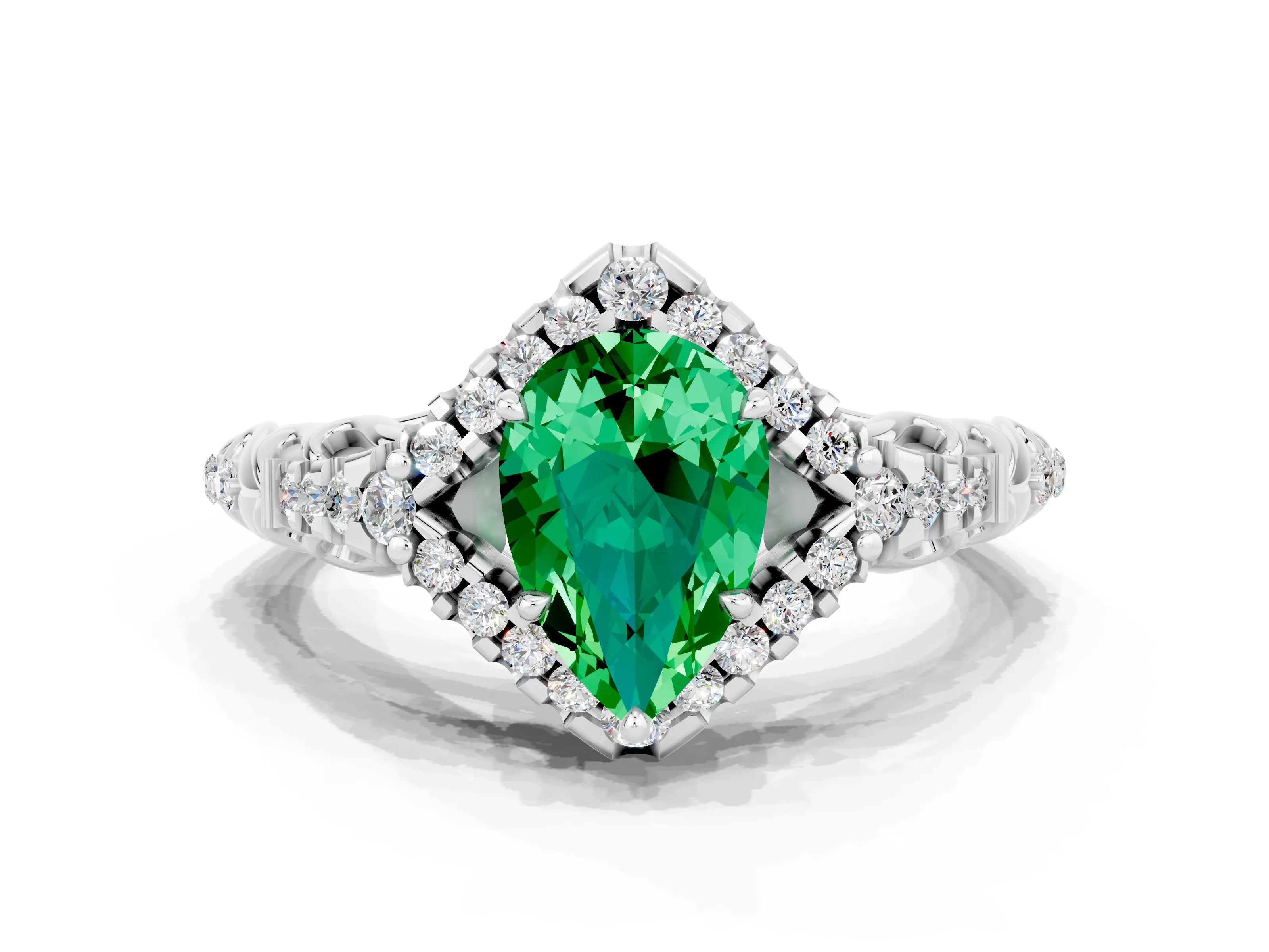 White gold Pear Cut Emerald Solitaire Ring with Hidden Halo and Pavé Band_36