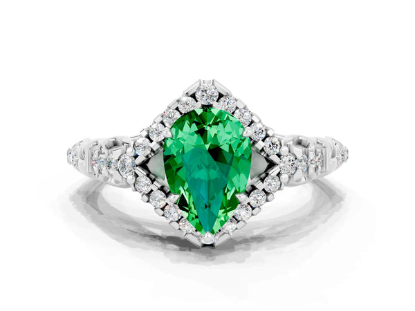 Silver Pear Cut Emerald Solitaire Ring with Hidden Halo and Pavé Band