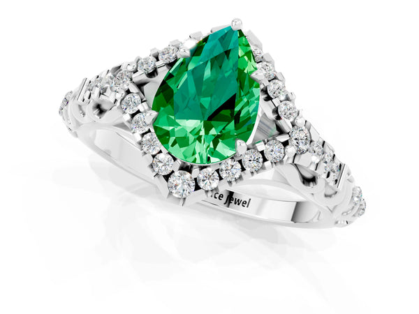 Platinum Pear Cut Emerald Solitaire Ring with Hidden Halo and Pavé Band