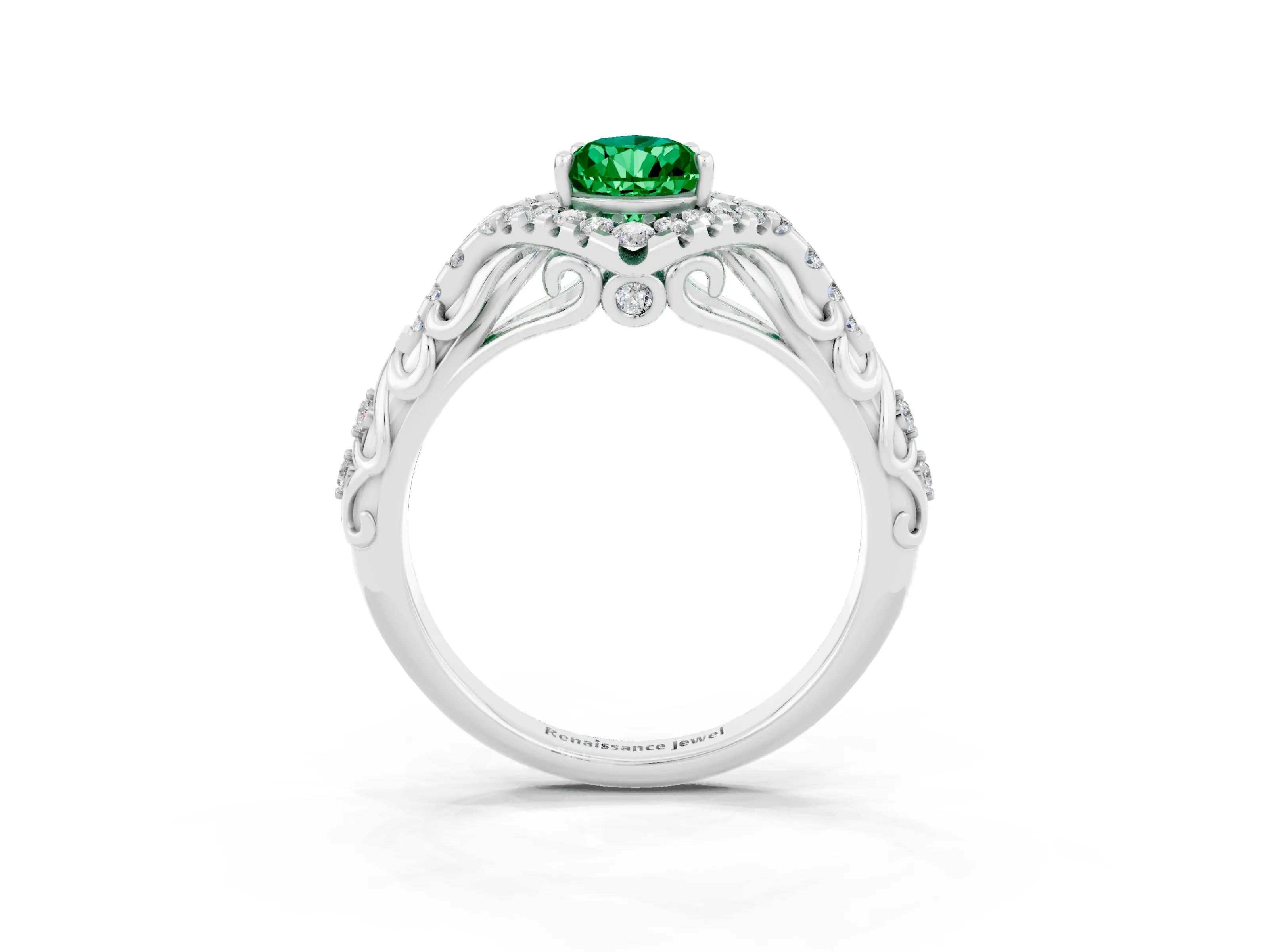 White gold Pear Cut Emerald Solitaire Ring with Hidden Halo and Pavé Band_39