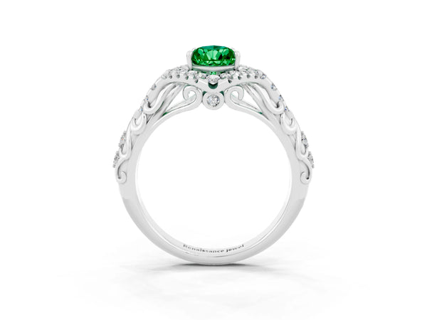 Silver Pear Cut Emerald Solitaire Ring with Hidden Halo and Pavé Band
