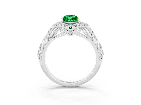 White gold Pear Cut Emerald Solitaire Ring with Hidden Halo and Pavé Band_39