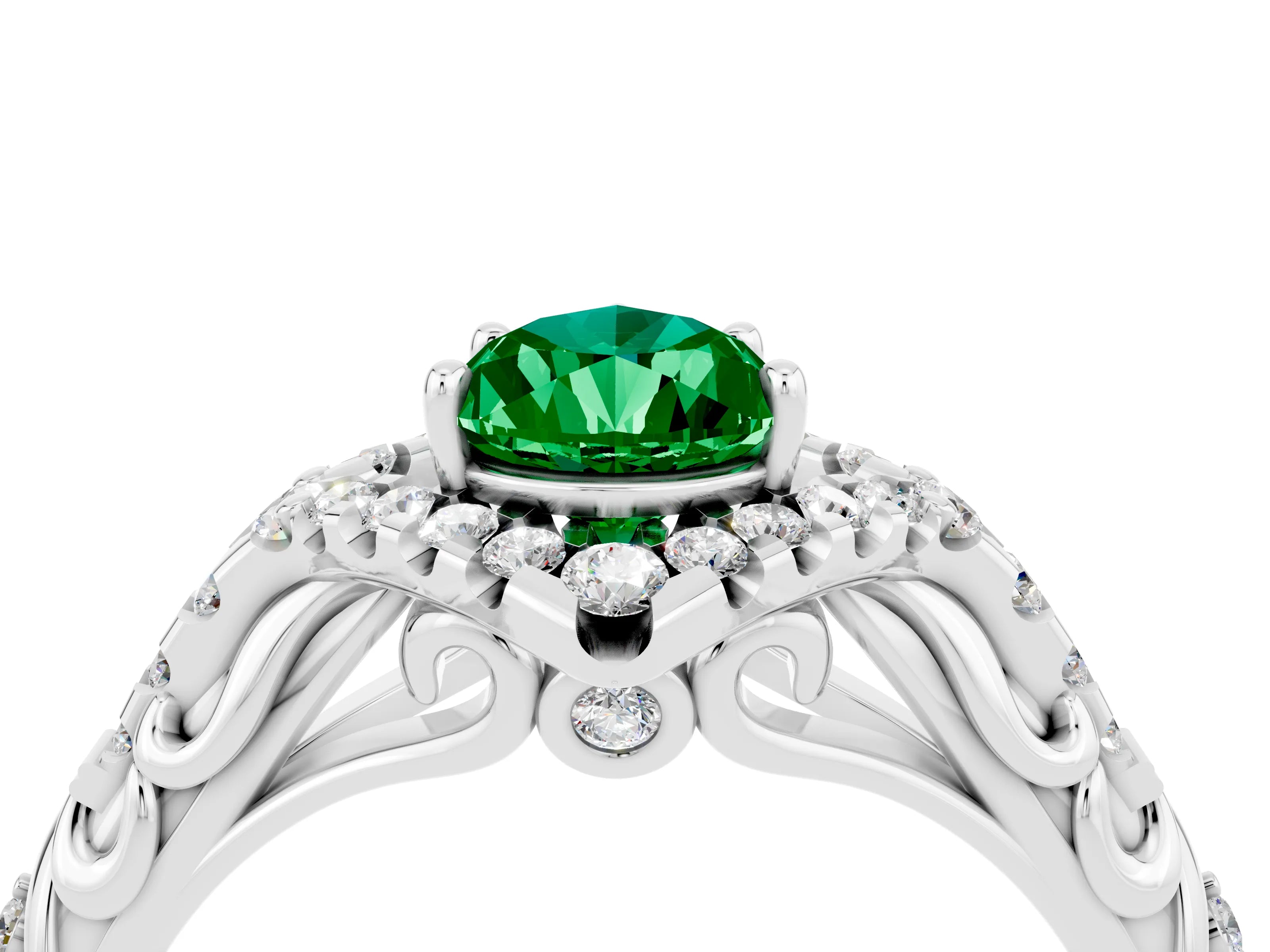 White gold Pear Cut Emerald Solitaire Ring with Hidden Halo and Pavé Band_40