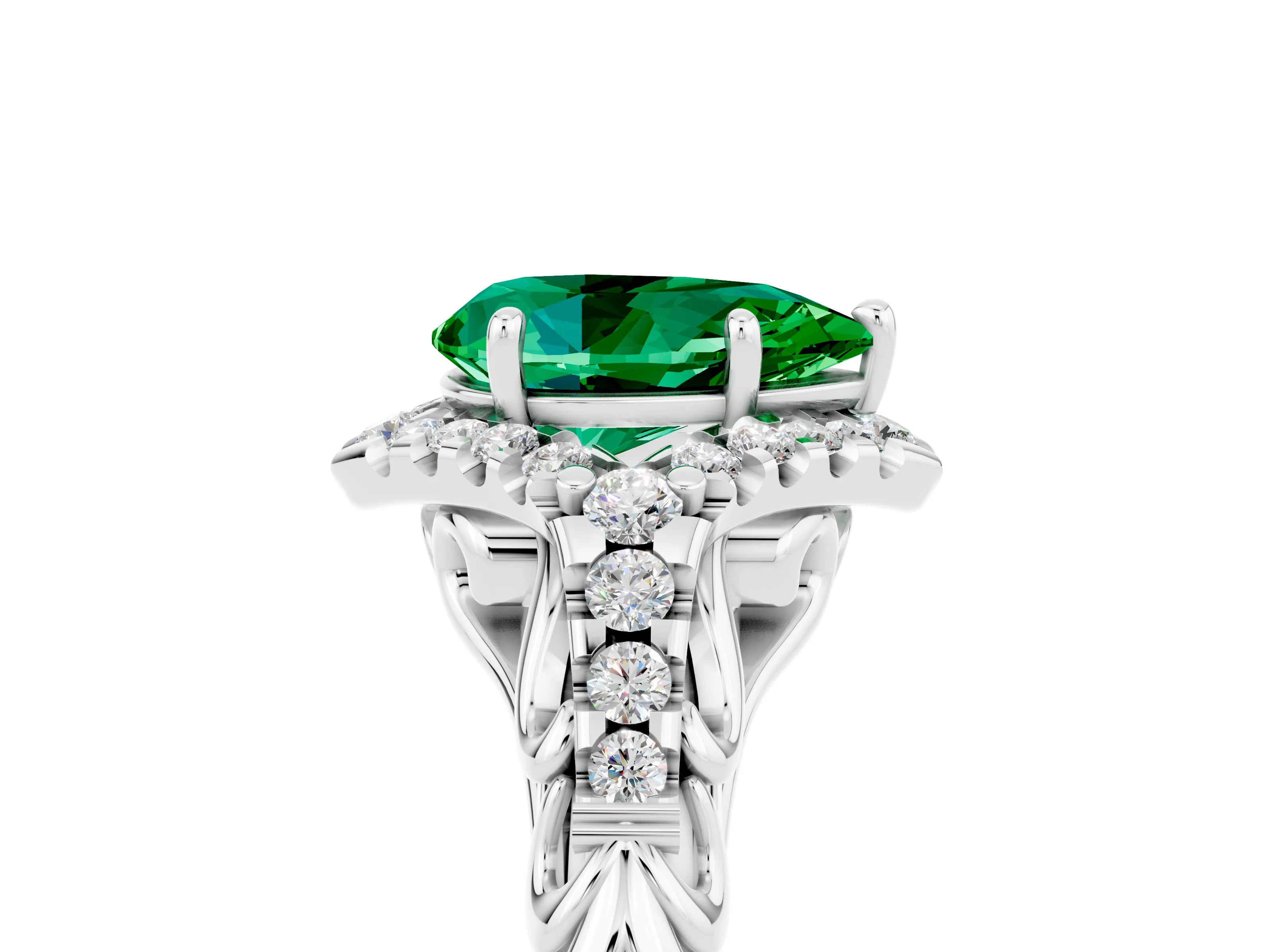 White gold Pear Cut Emerald Solitaire Ring with Hidden Halo and Pavé Band_41