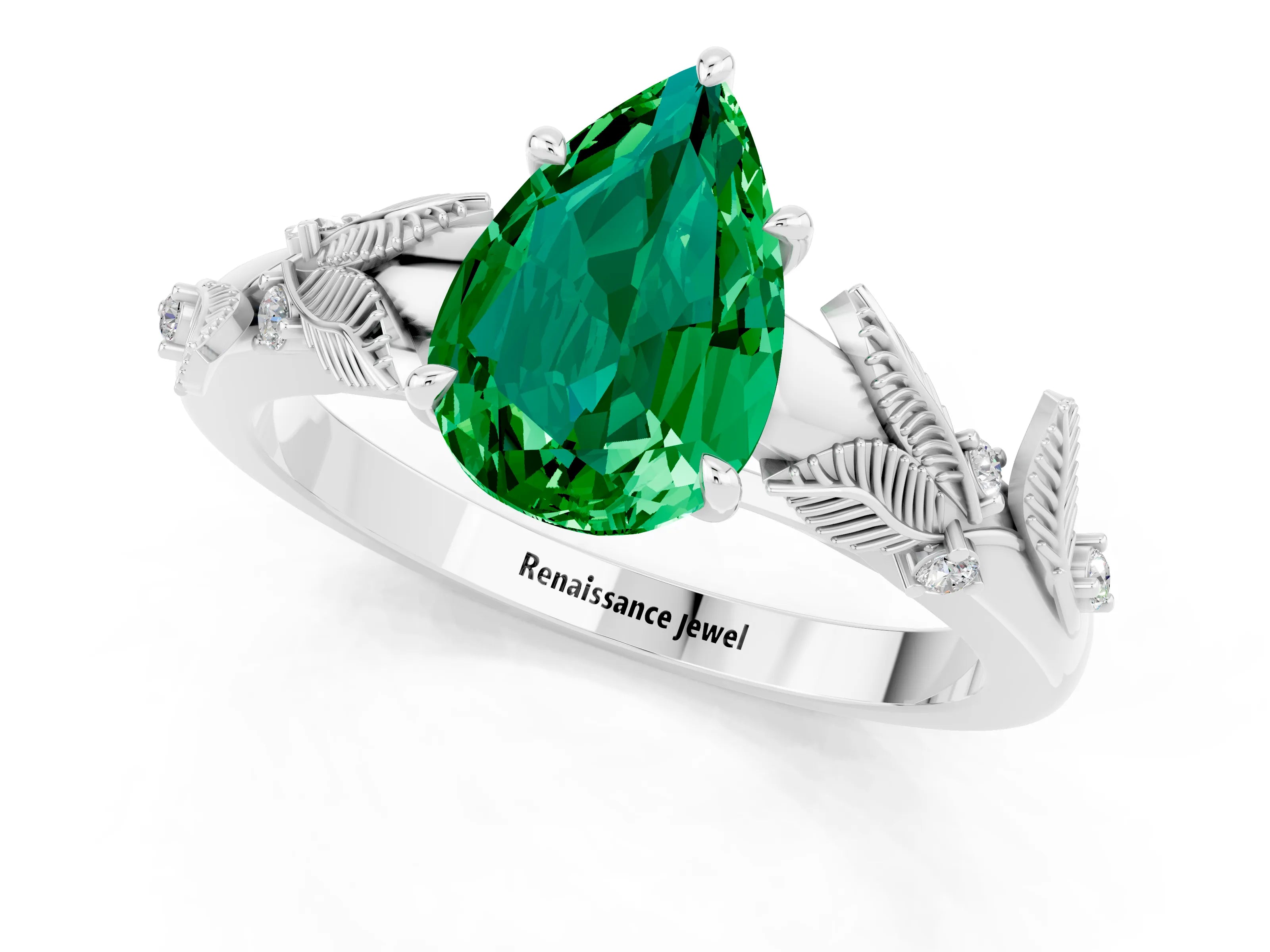 White gold Pear Cut Emerald Solitaire Ring with Leaf Motif Band and Four-Prong Setting_1