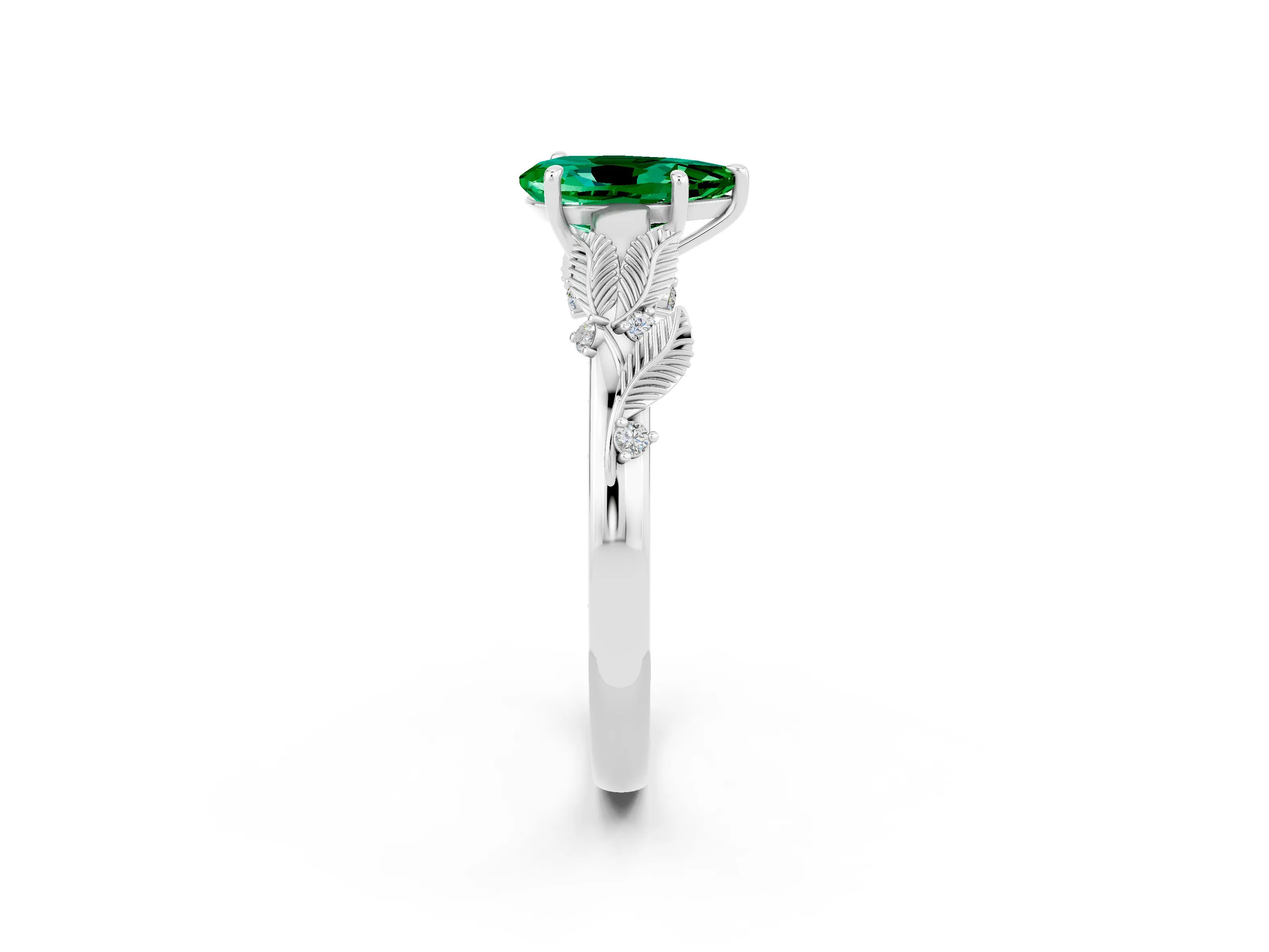 White gold Pear Cut Emerald Solitaire Ring with Leaf Motif Band and Four-Prong Setting_14