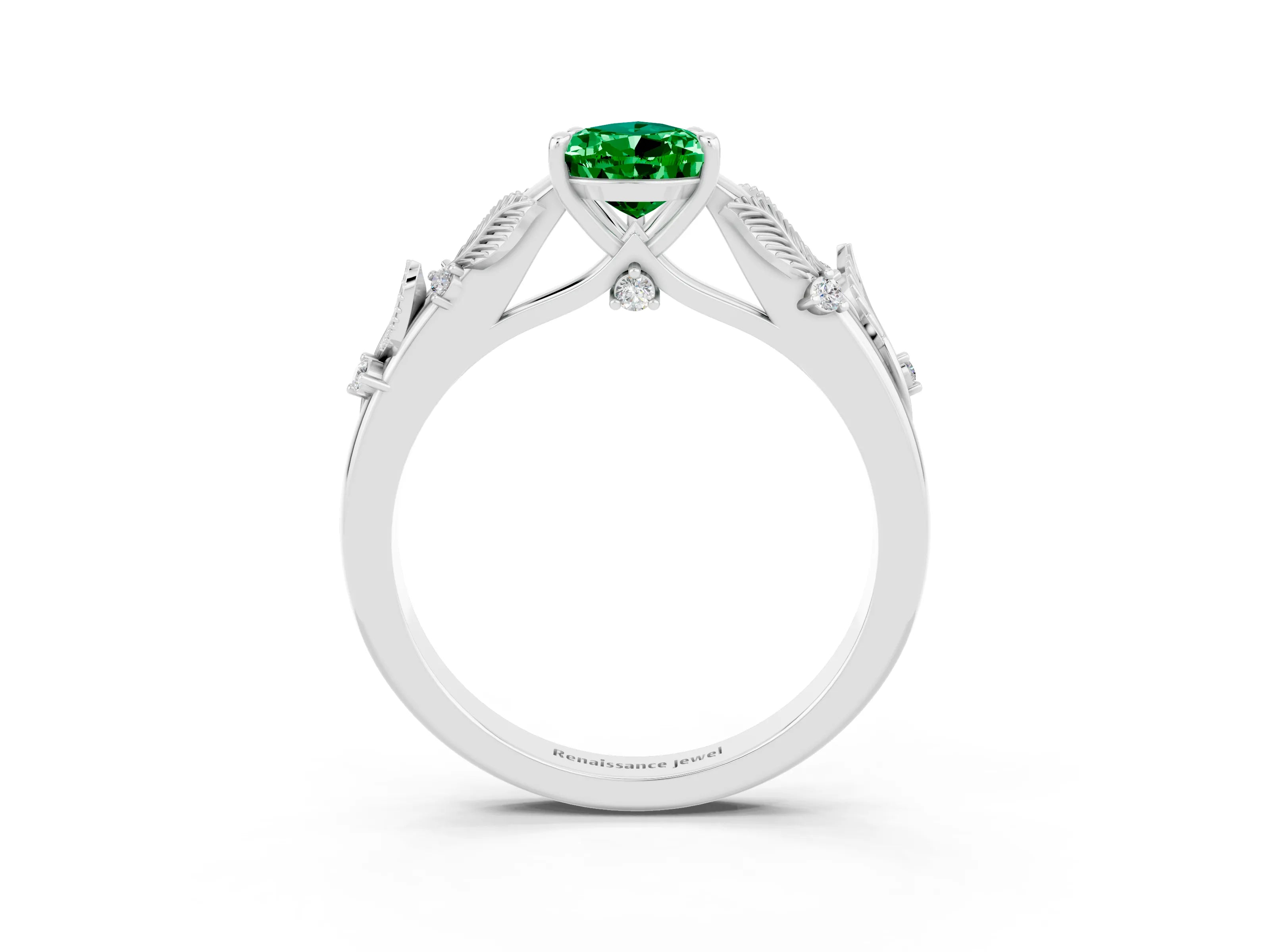 White gold Pear Cut Emerald Solitaire Ring with Leaf Motif Band and Four-Prong Setting_15