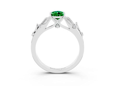 White gold Pear Cut Emerald Solitaire Ring with Leaf Motif Band and Four-Prong Setting_15