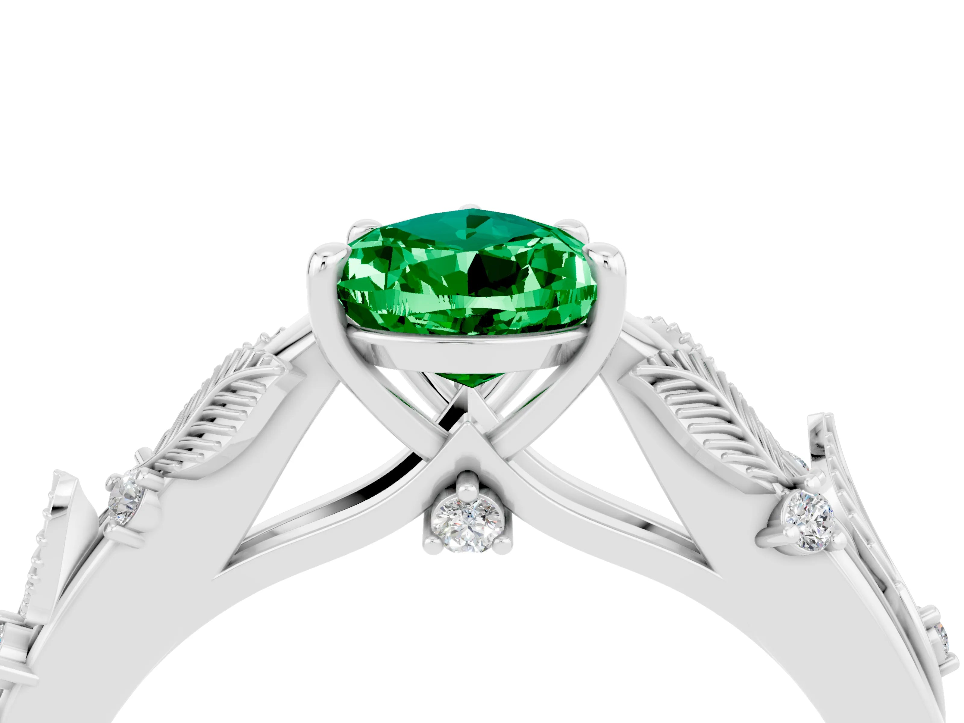 White gold Pear Cut Emerald Solitaire Ring with Leaf Motif Band and Four-Prong Setting_16