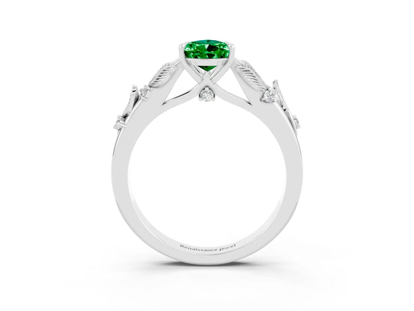 Silver Pear Cut Emerald Solitaire Ring with Leaf Motif Band and Four-Prong Setting