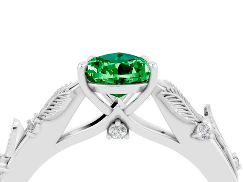 White gold Pear Cut Emerald Solitaire Ring with Leaf Motif Band and Four-Prong Setting_4