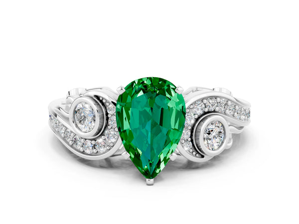 Platinum Pear Cut Emerald Solitaire Ring with Milgrain Pavé Band and Four-Prong Setting