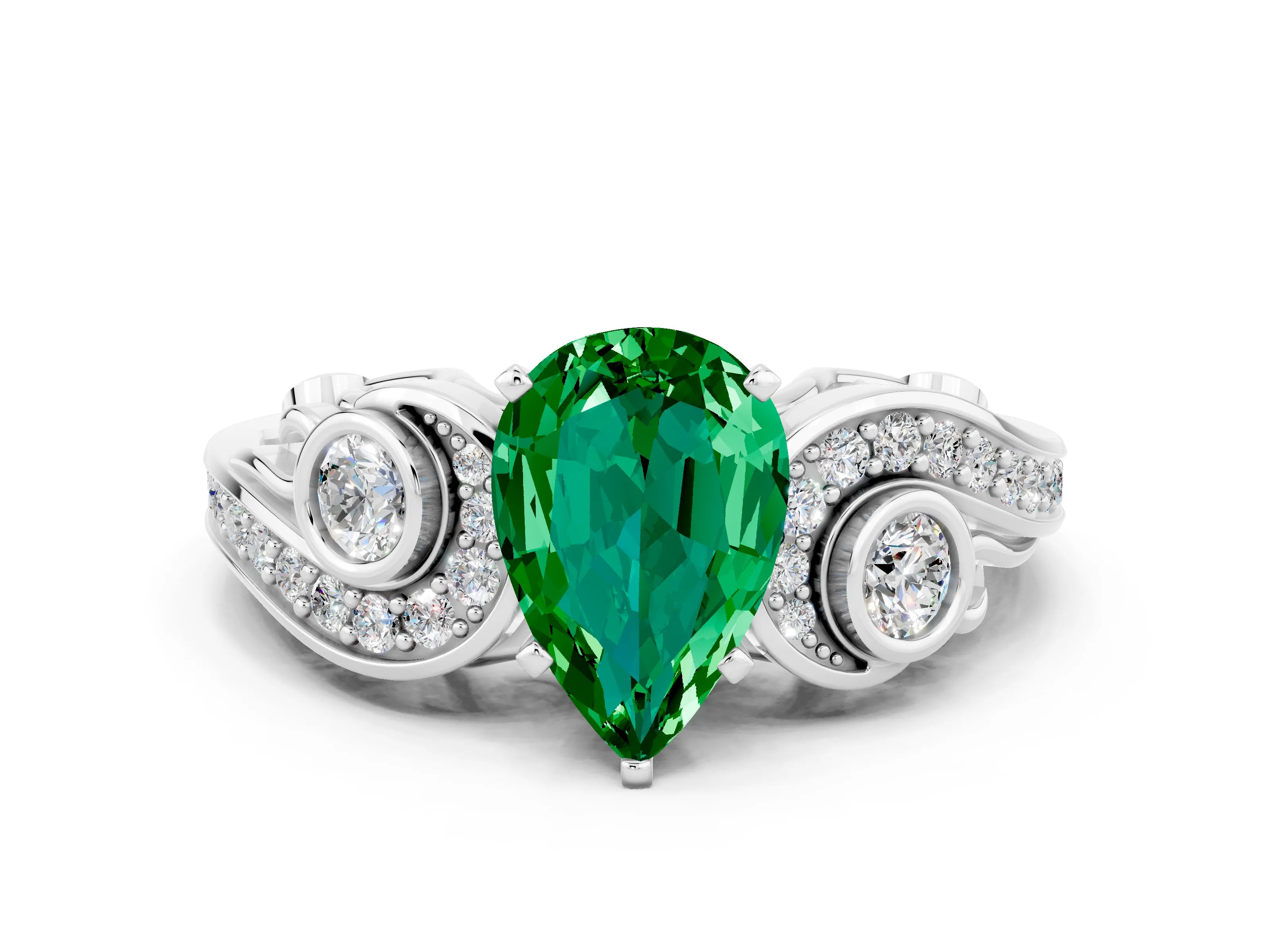 White gold Pear Cut Emerald Solitaire Ring with Milgrain Pavé Band and Four-Prong Setting_12