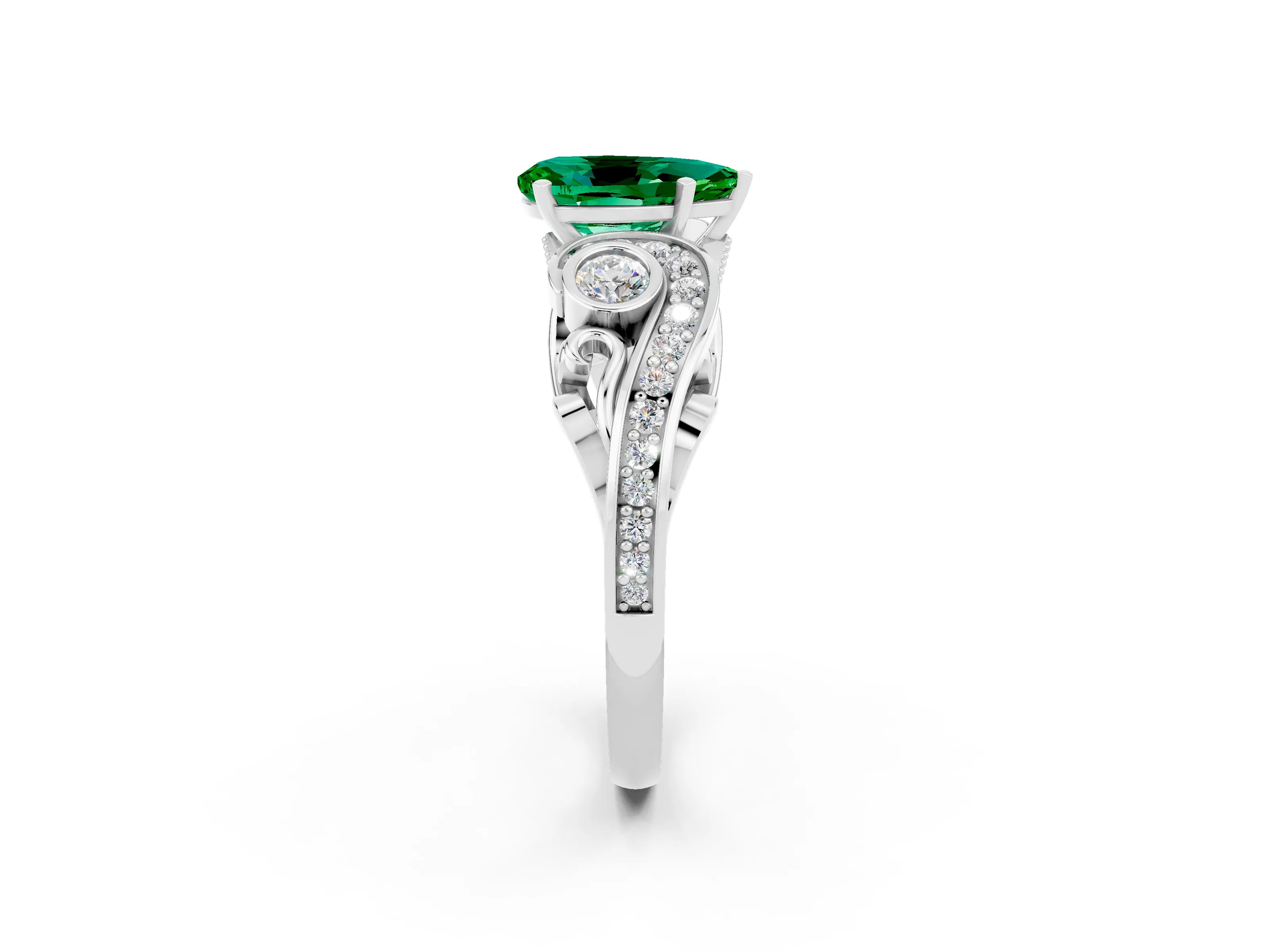 White gold Pear Cut Emerald Solitaire Ring with Milgrain Pavé Band and Four-Prong Setting_14