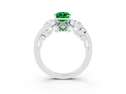 White gold Pear Cut Emerald Solitaire Ring with Milgrain Pavé Band and Four-Prong Setting_15