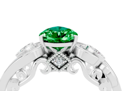 White gold Pear Cut Emerald Solitaire Ring with Milgrain Pavé Band and Four-Prong Setting_16