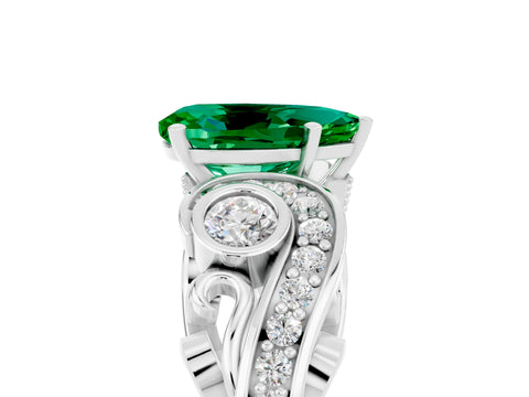 White gold Pear Cut Emerald Solitaire Ring with Milgrain Pavé Band and Four-Prong Setting_17