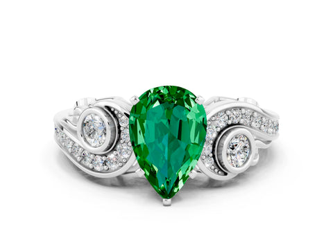 White gold Pear Cut Emerald Solitaire Ring with Milgrain Pavé Band and Four-Prong Setting_48