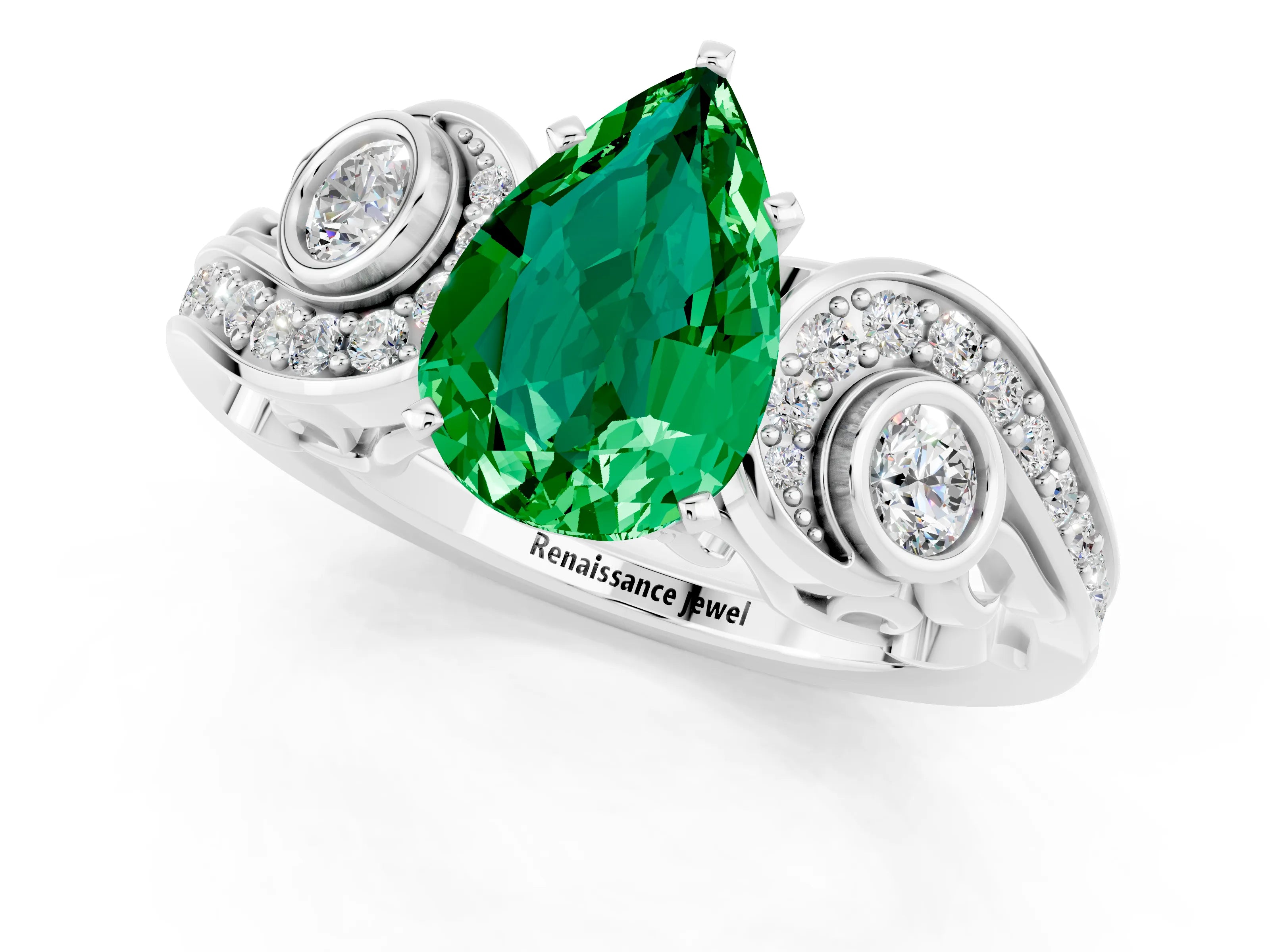 White gold Pear Cut Emerald Solitaire Ring with Milgrain Pavé Band and Four-Prong Setting_49