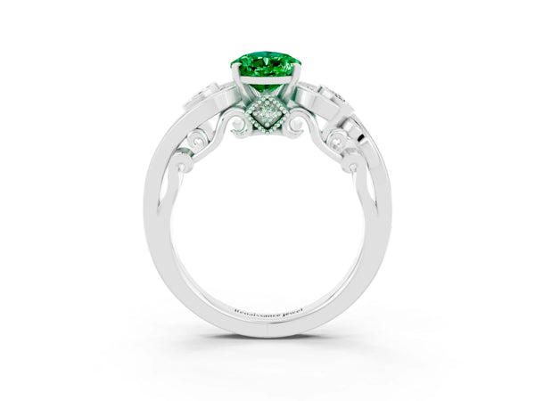 White gold Pear Cut Emerald Solitaire Ring with Milgrain Pavé Band and Four-Prong Setting