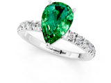 White gold Pear Cut Emerald Solitaire Ring with Pavé Accents and Four-Prong Setting_1