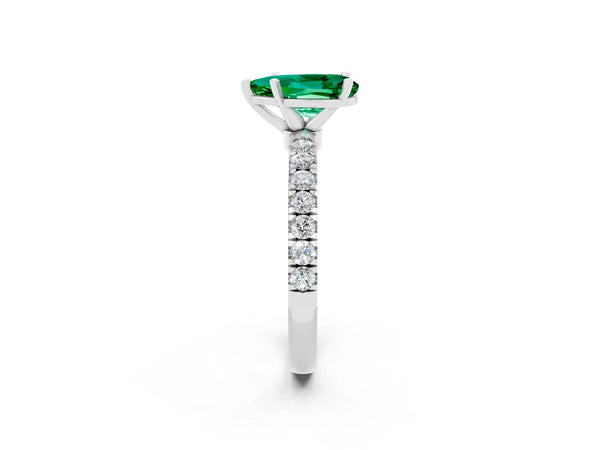Silver Pear Cut Emerald Solitaire Ring with Pavé Accents and Four-Prong Setting