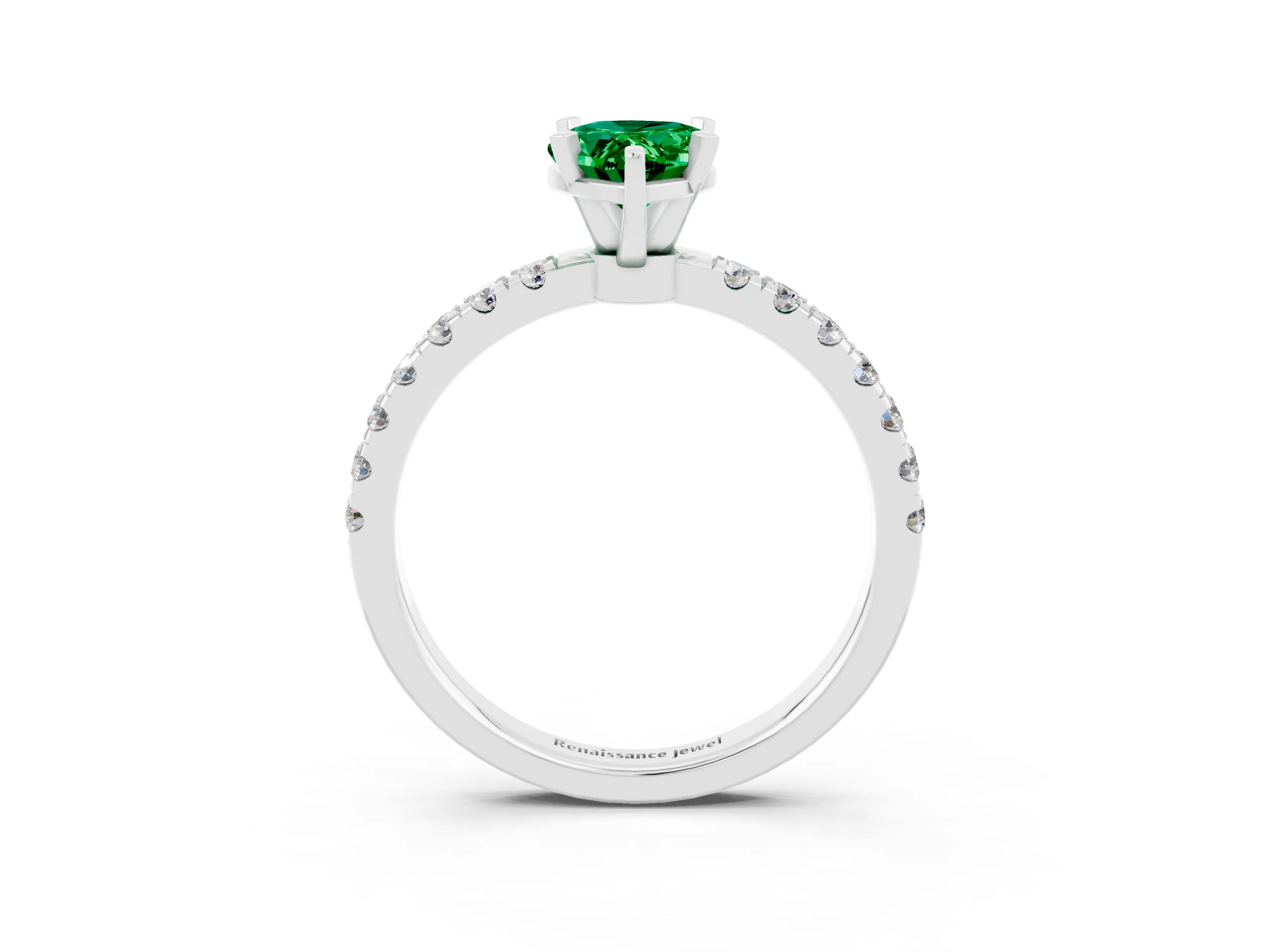 White gold Pear Cut Emerald Solitaire Ring with Pavé Accents and Four-Prong Setting_3