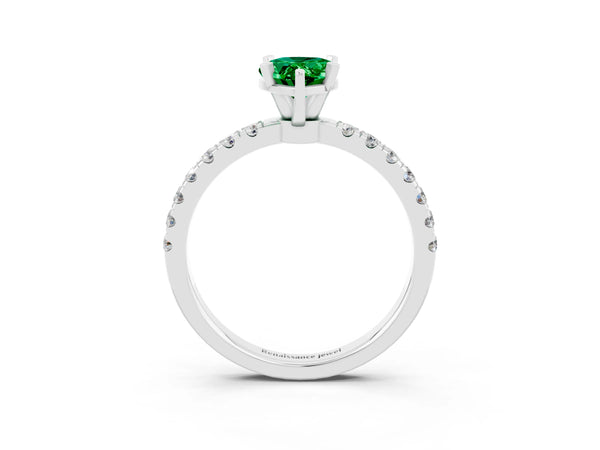 Platinum Pear Cut Emerald Solitaire Ring with Pavé Accents and Four-Prong Setting