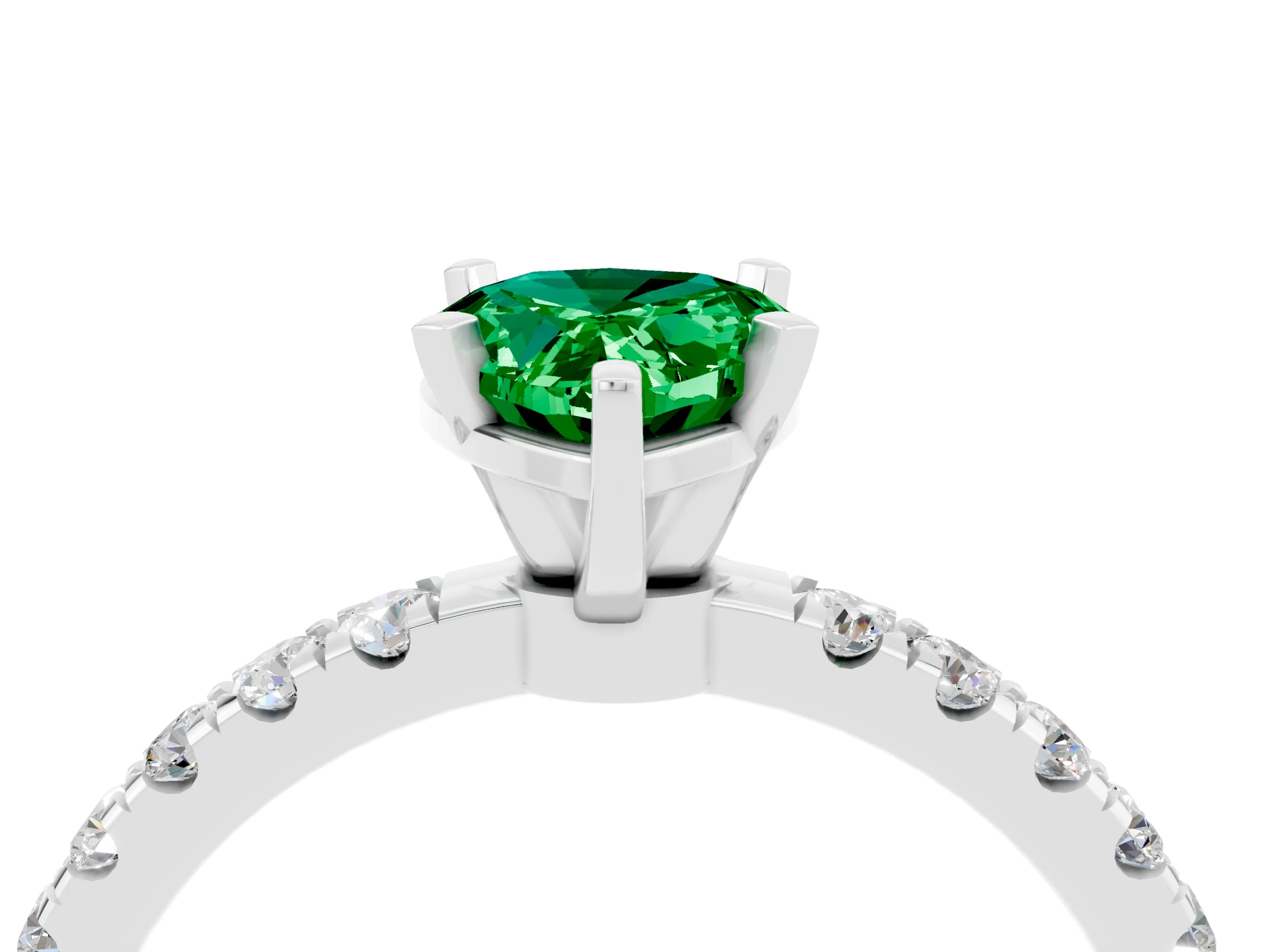 White gold Pear Cut Emerald Solitaire Ring with Pavé Accents and Four-Prong Setting_4