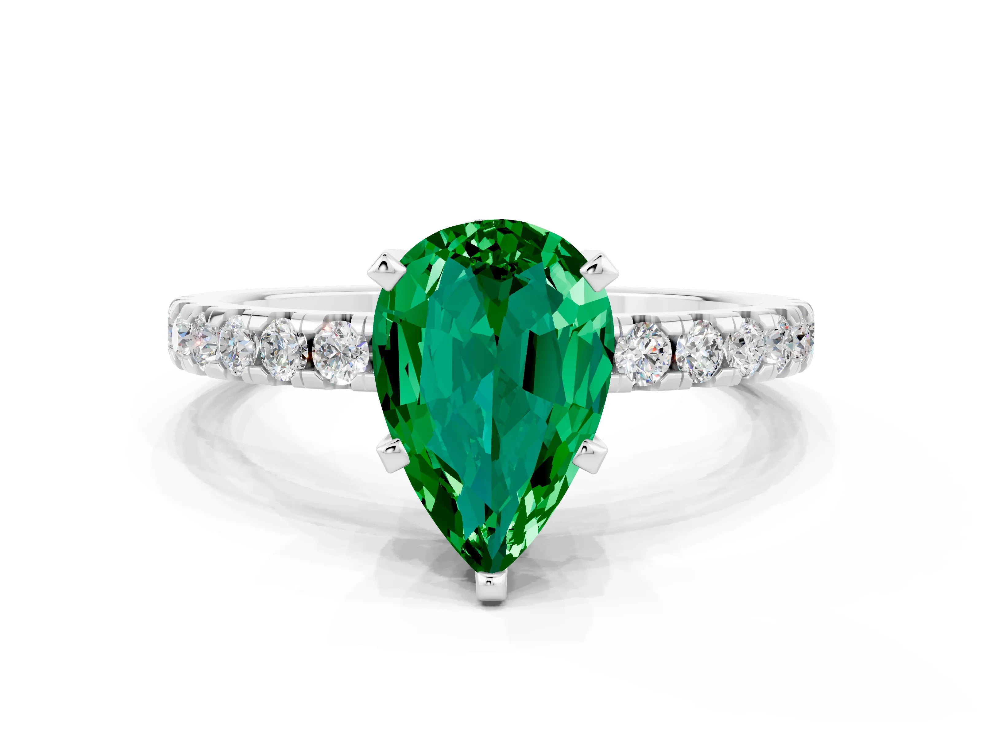 White gold Pear Cut Emerald Solitaire Ring with Pavé Band and Four-Prong Setting_24