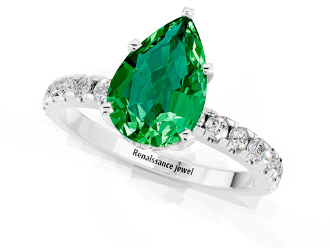 White gold Pear Cut Emerald Solitaire Ring with Pavé Band and Four-Prong Setting_25
