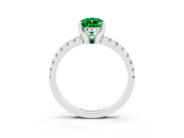 Platinum Pear Cut Emerald Solitaire Ring with Round  Pavé Band and Four-Prong Setting