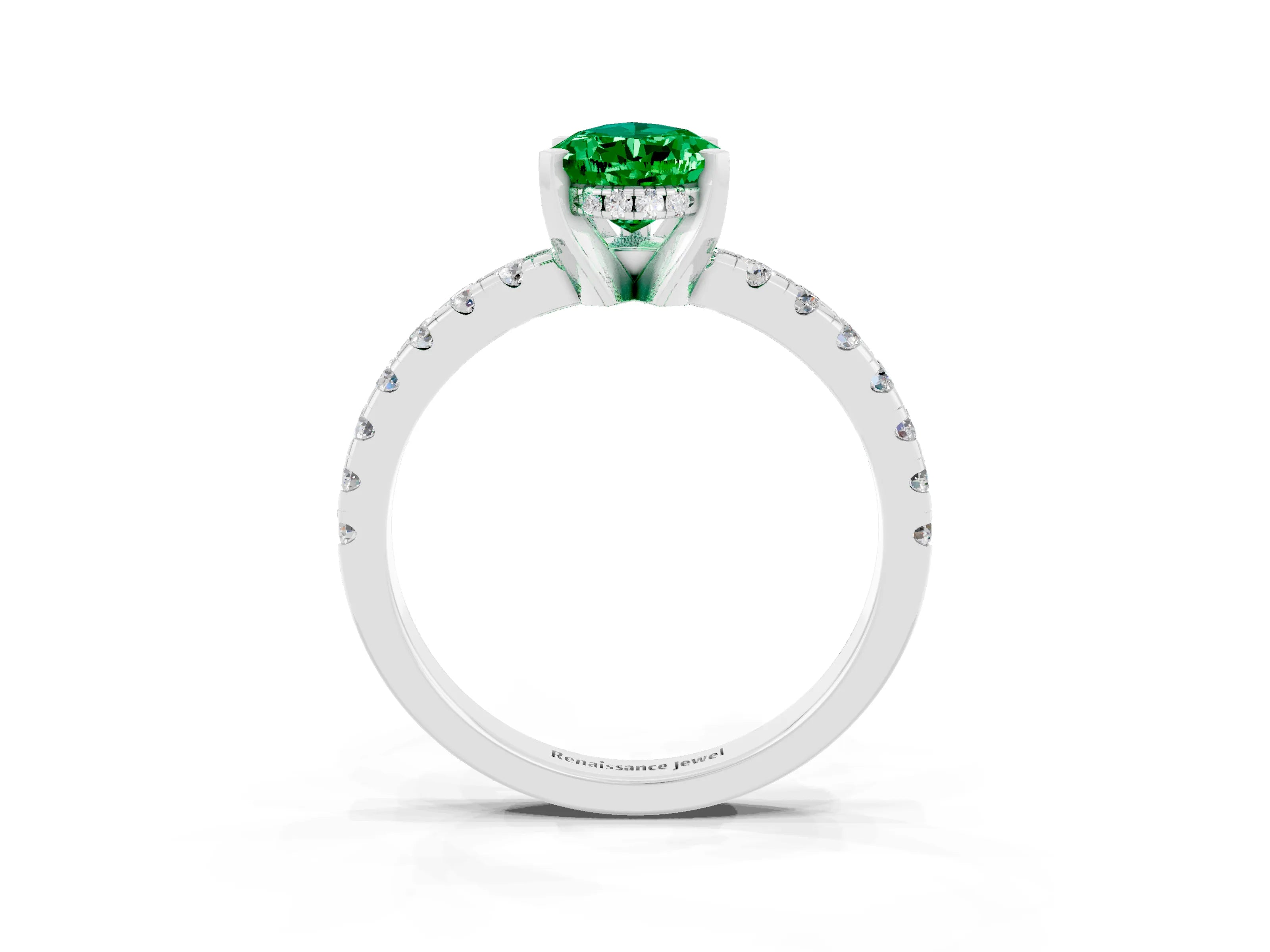 White gold Pear Cut Emerald Solitaire Ring with Pavé Band and Four-Prong Setting_27