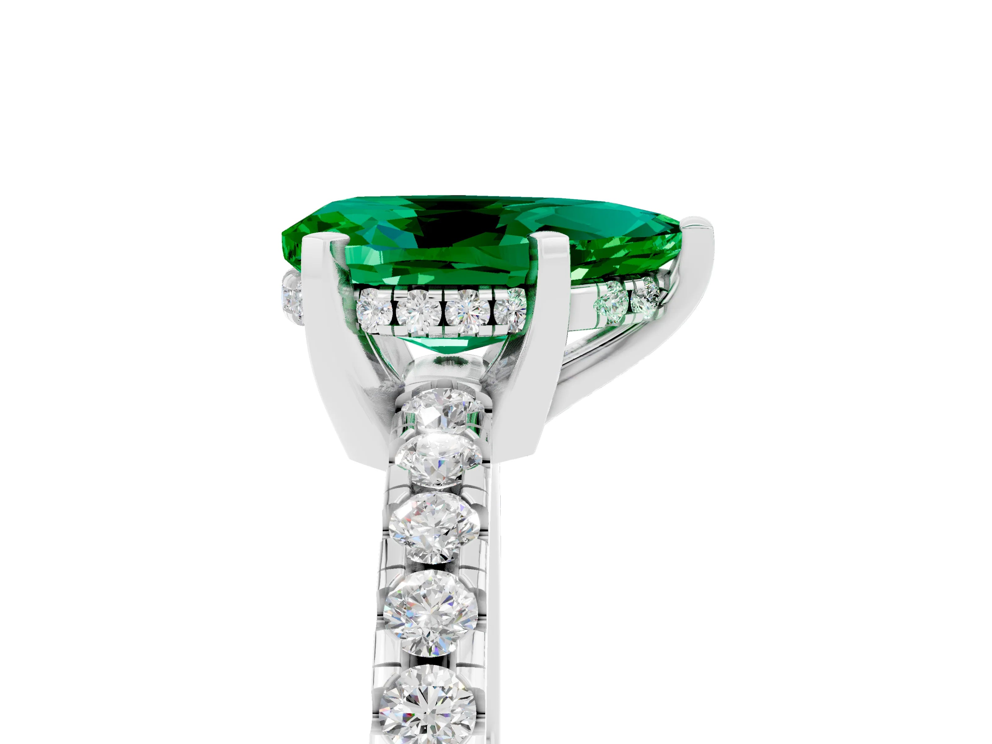 White gold Pear Cut Emerald Solitaire Ring with Pavé Band and Four-Prong Setting_29