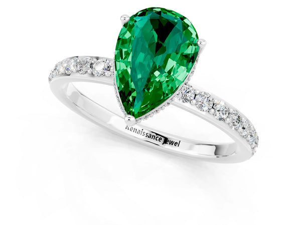 Silver Pear Cut Emerald Solitaire Ring with Pavé Band and Hidden Halo