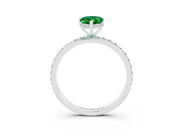 White gold Pear Cut Emerald Solitaire Ring with Pavé Band and Hidden Halo