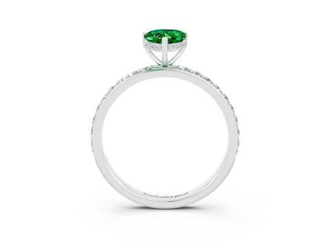 White gold Pear Cut Emerald Solitaire Ring with Pavé Band and Hidden Halo_27