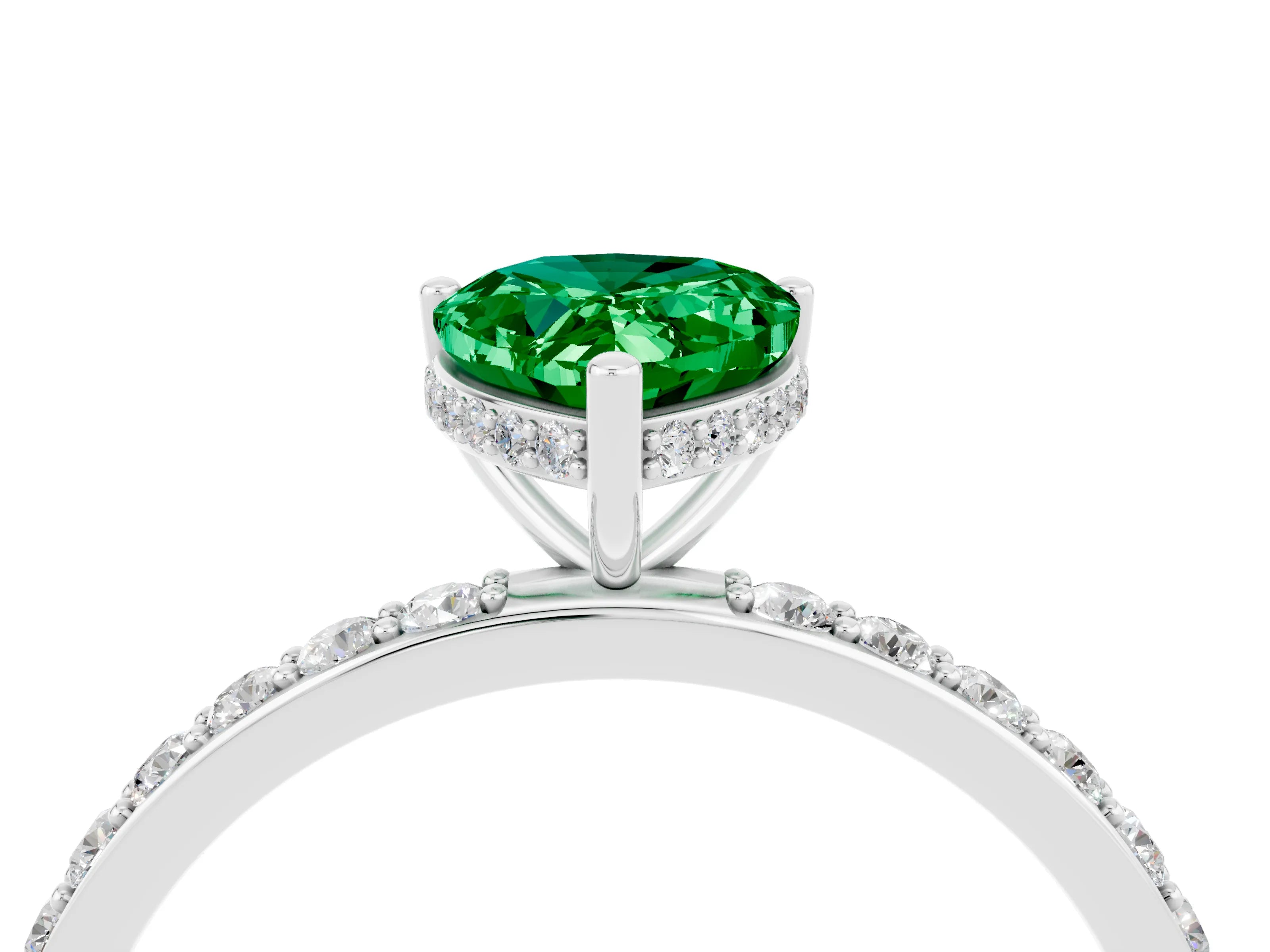 White gold Pear Cut Emerald Solitaire Ring with Pavé Band and Hidden Halo_28