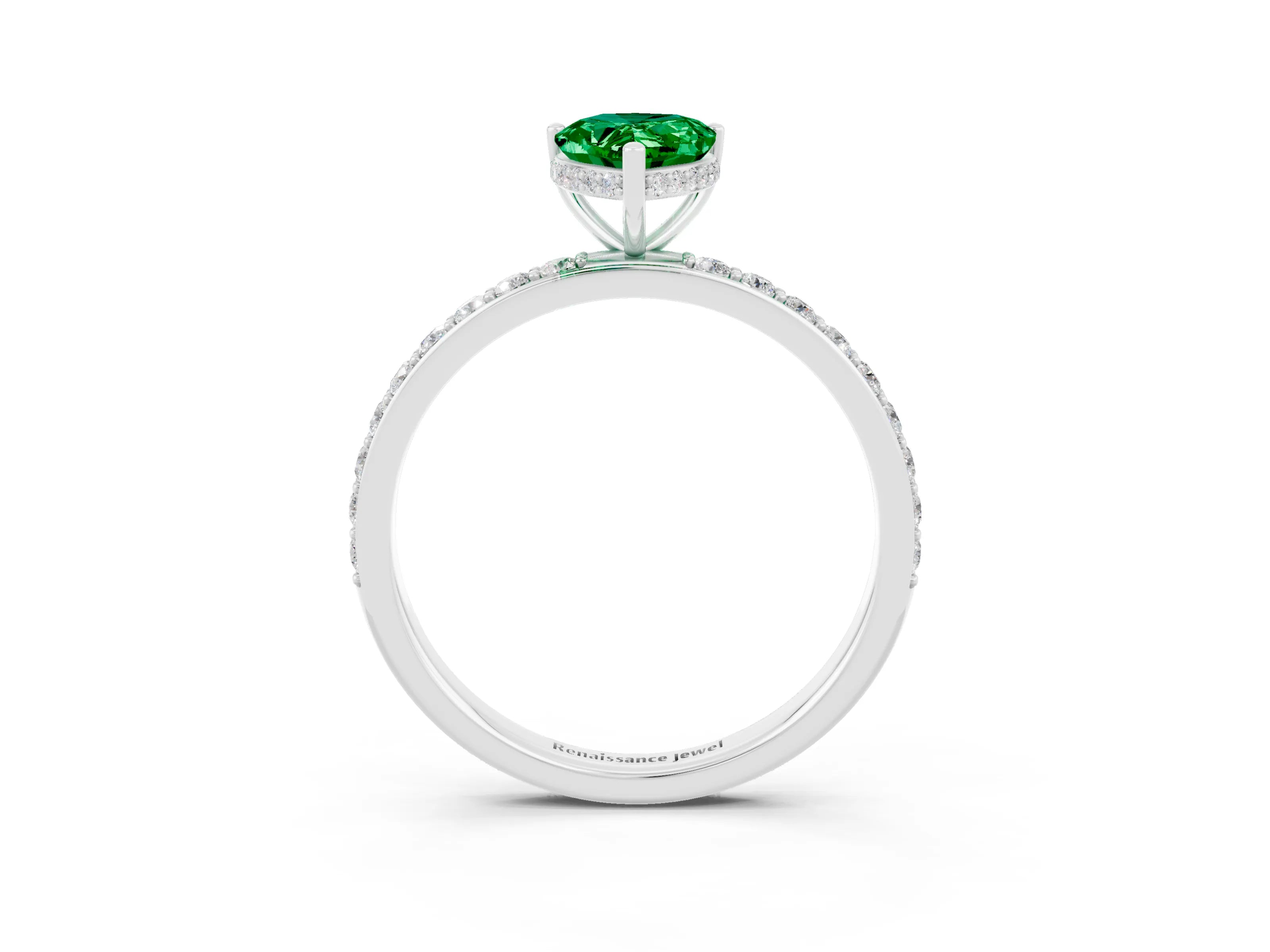 White gold Pear Cut Emerald Solitaire Ring with Pavé Band and Hidden Halo_3