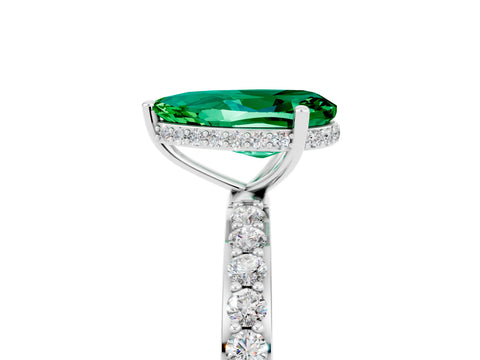White gold Pear Cut Emerald Solitaire Ring with Pavé Band and Hidden Halo_5