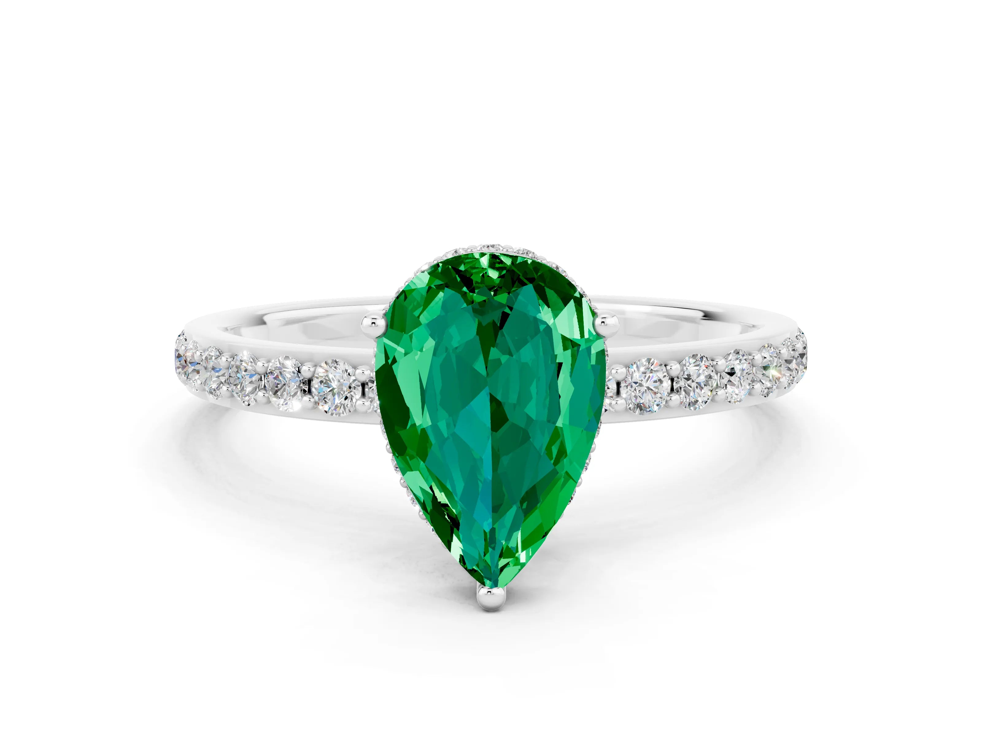 White gold Pear Cut Emerald Solitaire Ring with Pavé Band and Hidden Halo