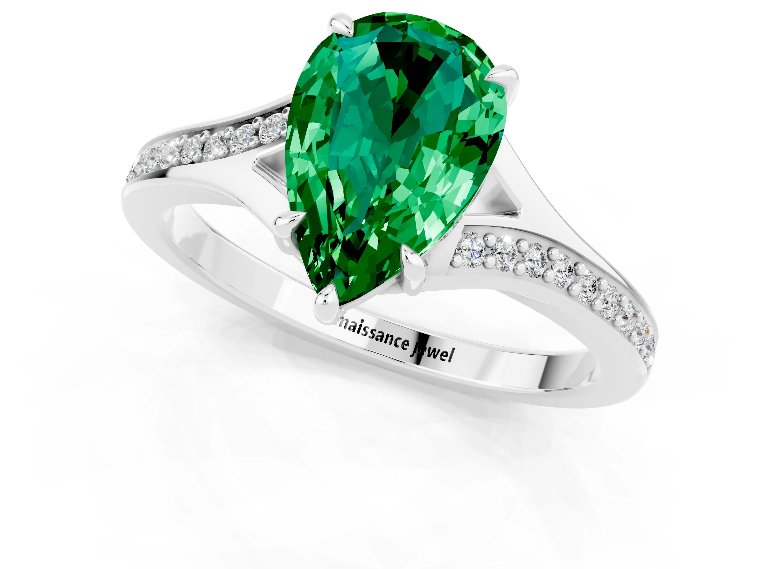 White gold Pear Cut Emerald Solitaire Ring with Pavé Band and Prong Setting_13